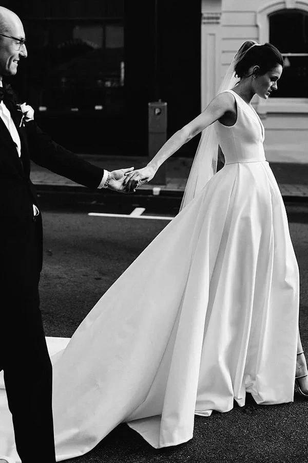 A Line Deep V Neck Open Back White Long Wedding Dresses Bridal Gown WD641 by pgmdress