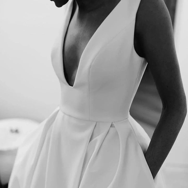 A Line Deep V Neck Open Back White Long Wedding Dresses Bridal Gown WD641 by pgmdress