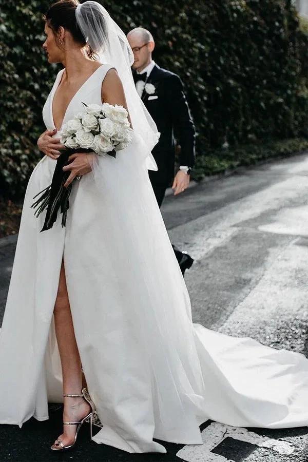 A Line Deep V Neck Open Back White Long Wedding Dresses Bridal Gown WD641 by pgmdress