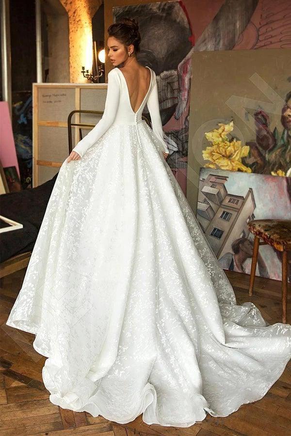 A Line Elegant Long Sleeves V Neck Beach Wedding Dress Bridal Gown WD551 by pgmdress