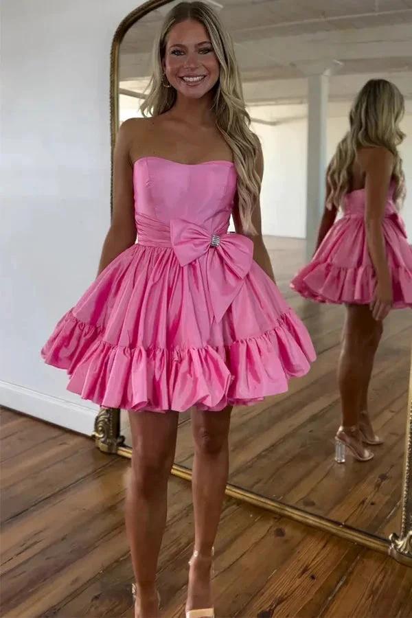 A Line Fuchsia Strapless Ruffle Cute Homecoming Dress with Bow PD558 by pgmdress
