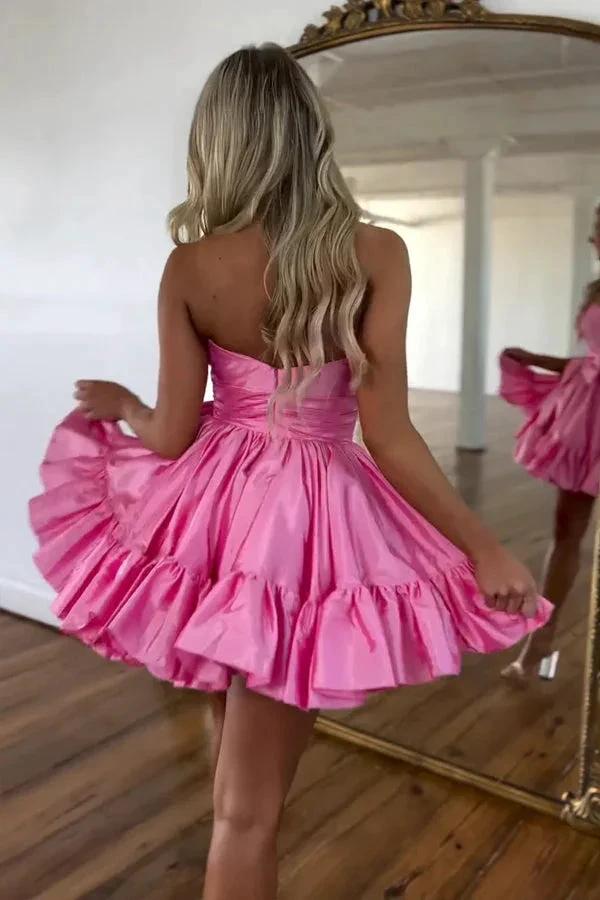 A Line Fuchsia Strapless Ruffle Cute Homecoming Dress with Bow PD558 by pgmdress