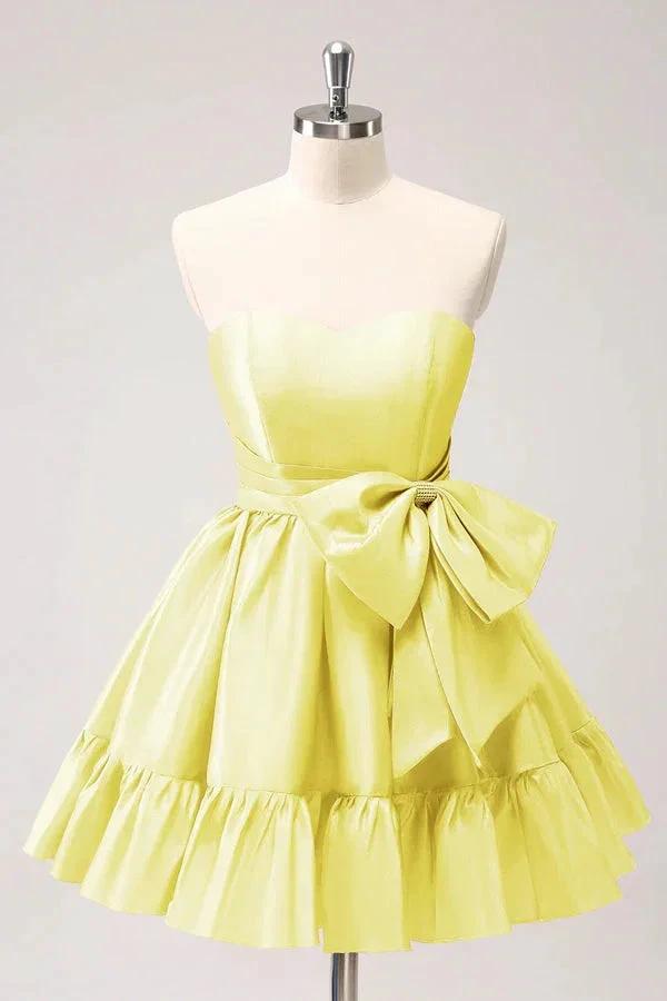 A Line Fuchsia Strapless Ruffle Cute Homecoming Dress with Bow PD558 by pgmdress