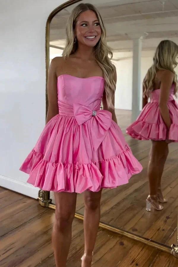 A Line Fuchsia Strapless Ruffle Cute Homecoming Dress with Bow PD558 by pgmdress