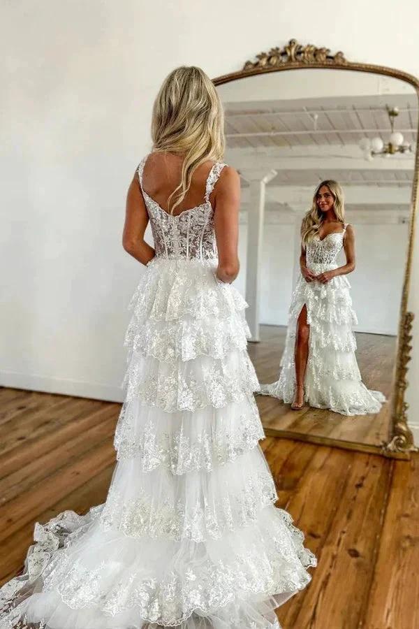 A Line Lace Tiered Stunning Prom Dress Evening Dress With Split PSK456 by pgmdress