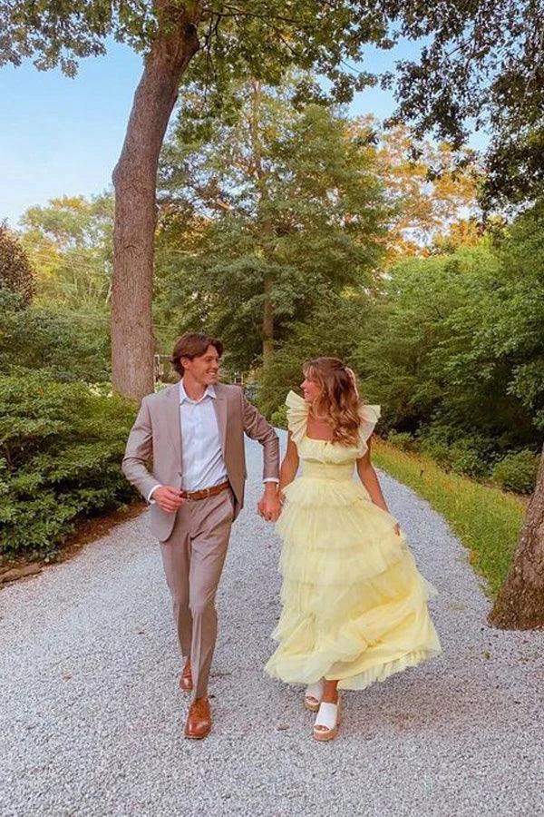 A Line Princess Tulle Layered Yellow Long Prom Dress PSK599 by pgmdress