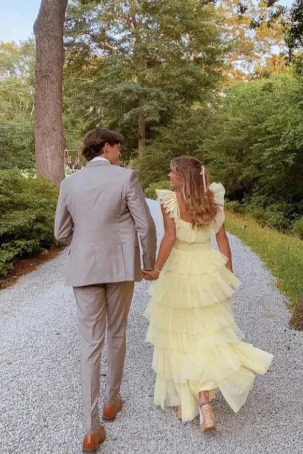 A Line Princess Tulle Layered Yellow Long Prom Dress PSK599 by pgmdress