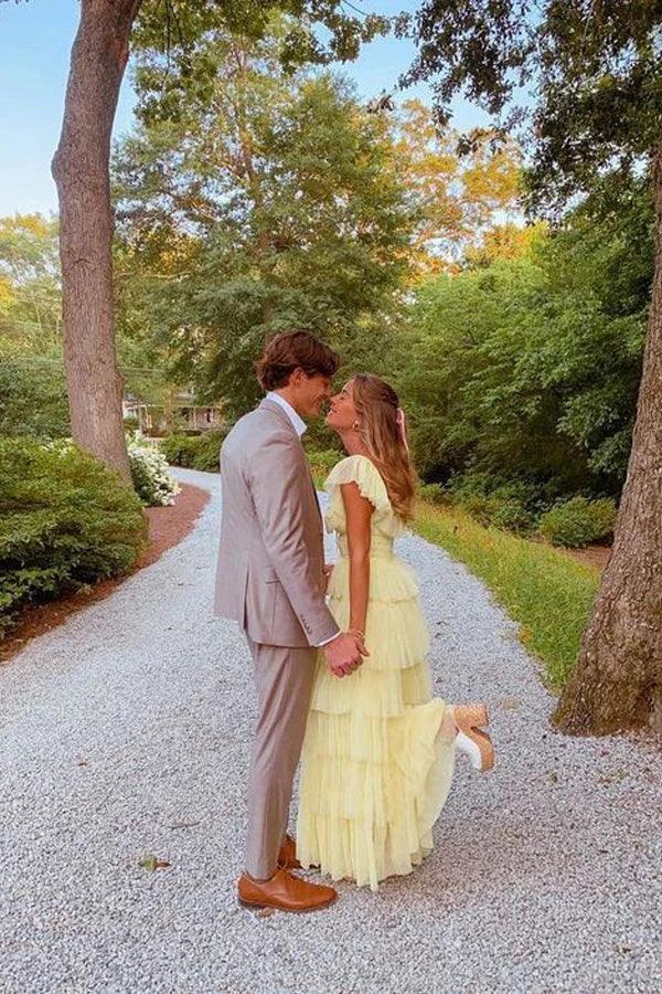 A Line Princess Tulle Layered Yellow Long Prom Dress PSK599 by pgmdress