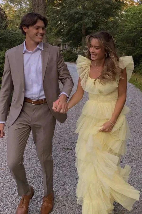 A Line Princess Tulle Layered Yellow Long Prom Dress PSK599 by pgmdress