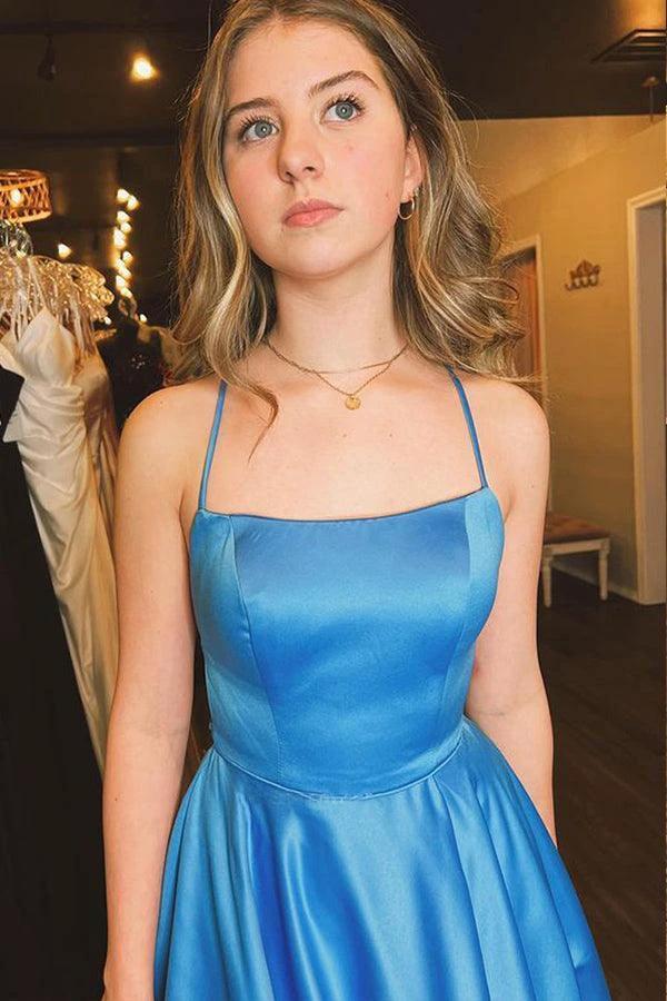 A Line Scoop Neck Spaghetti Straps Blue Satin Long Prom Dress With Slit PSK363 by pgmdress