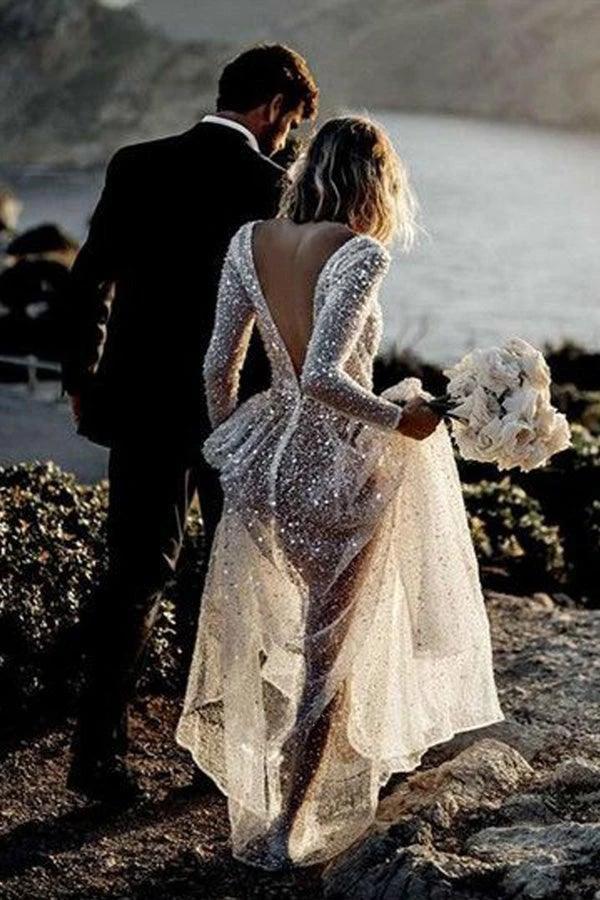 A Line See Through Deep V Neck Long Sleeves Sparkly Wedding Dresses WD569 by pgmdress