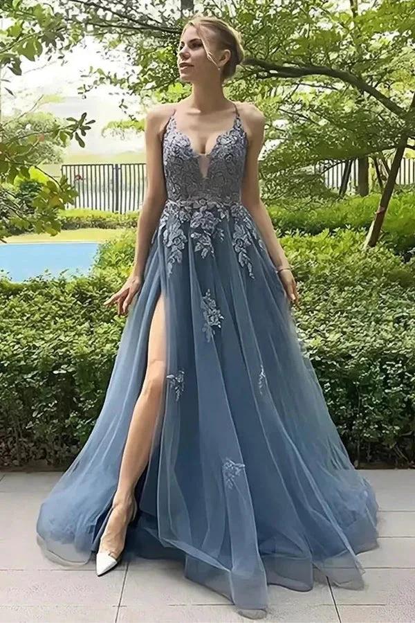 A Line Spaghetti Straps Corset Back Split Long Prom Dress PSK515 by pgmdress