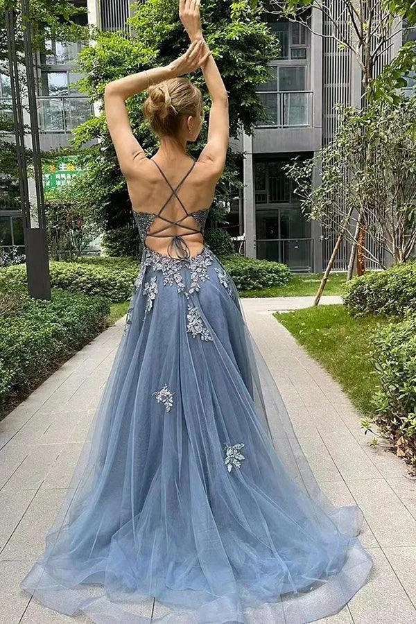 A Line Spaghetti Straps Corset Back Split Long Prom Dress PSK515 by pgmdress