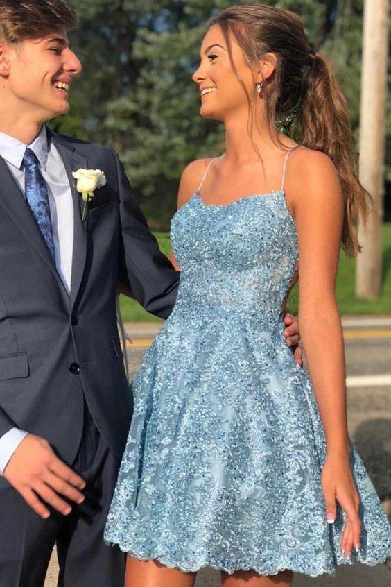 A Line Spaghetti Straps Cross Back Blue Lace Short Prom Dresses PD259 by pgmdress