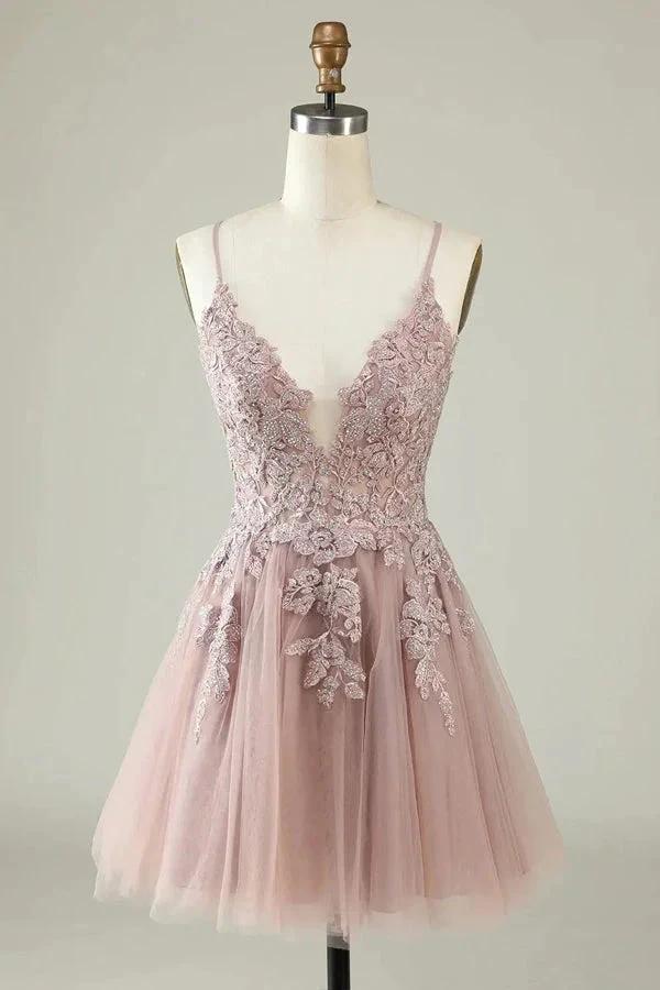 A Line Spaghetti Straps Tulle Short Grey Blue Homecoming Dress PD527 by pgmdress