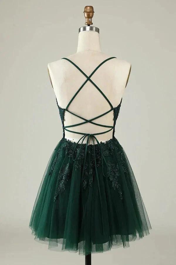A Line Spaghetti Straps Tulle Short Grey Blue Homecoming Dress PD527 by pgmdress