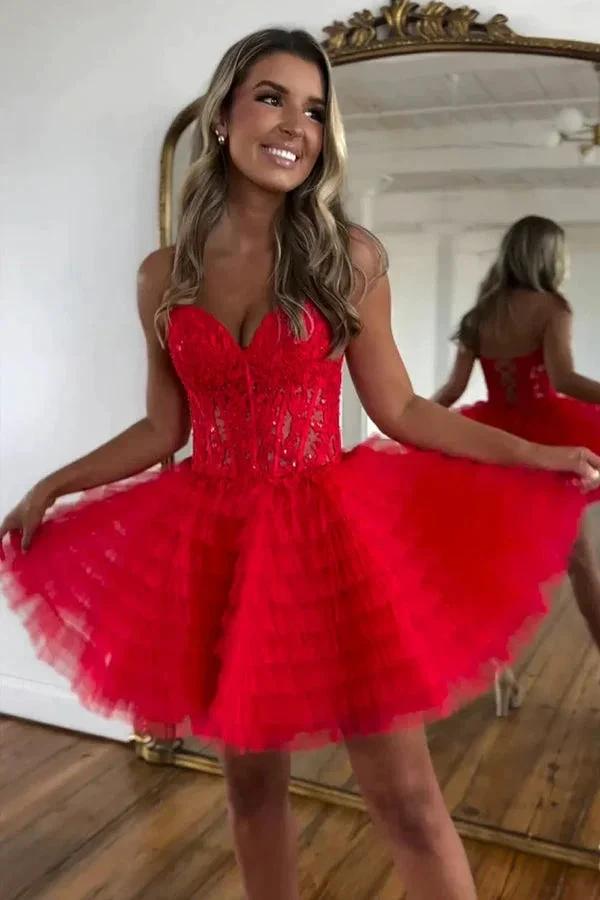 A Line Strapless Tulle Pink Homecoming Dress With Beading PD572 by pgmdress