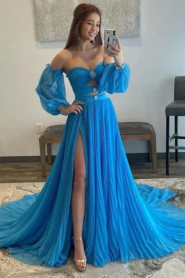 A Line Sweetheart Blue Long Chiffon Prom Dress With Split PSK524 by pgmdress