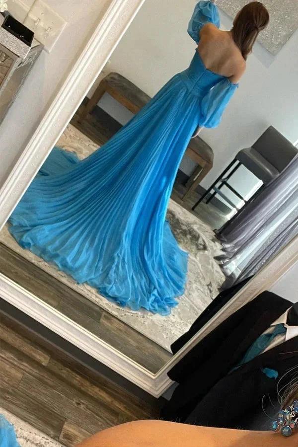 A Line Sweetheart Blue Long Chiffon Prom Dress With Split PSK524 by pgmdress
