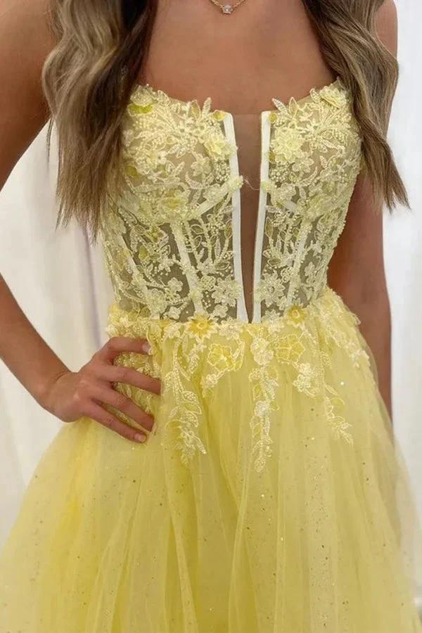 A Line V Neck Backless Yellow Lace Long Prom Dresses PSK552 by pgmdress
