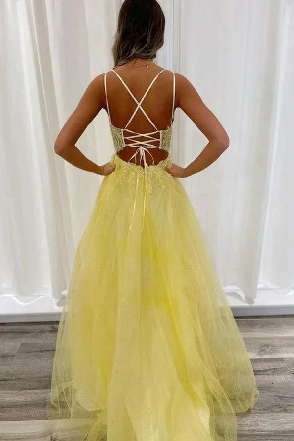 A Line V Neck Backless Yellow Lace Long Prom Dresses PSK552 by pgmdress