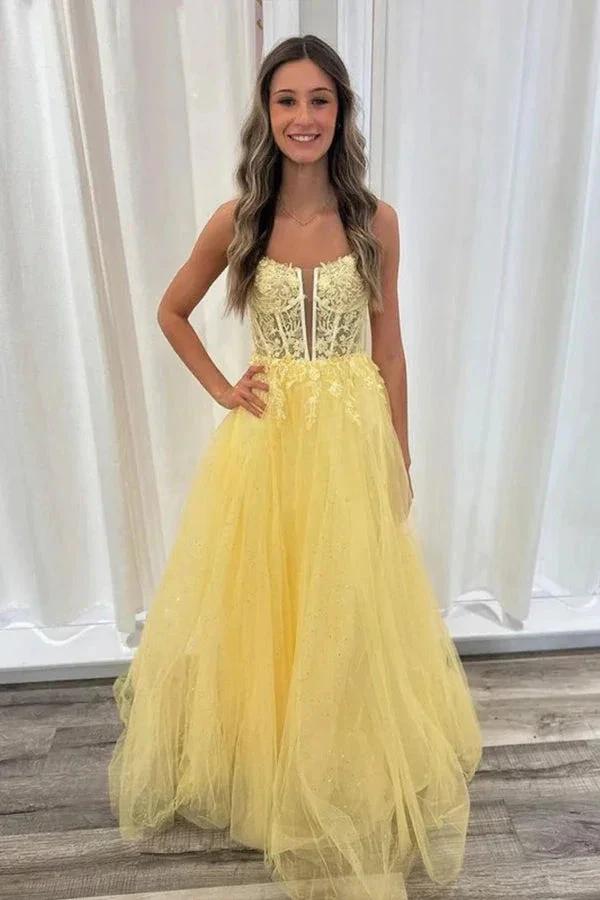 A Line V Neck Backless Yellow Lace Long Prom Dresses PSK552 by pgmdress