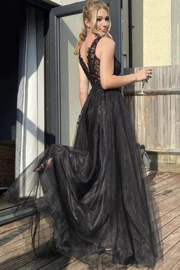 A Line V Neck Black Tulle Prom Dress Black Formal Dress PSK370 by pgmdress