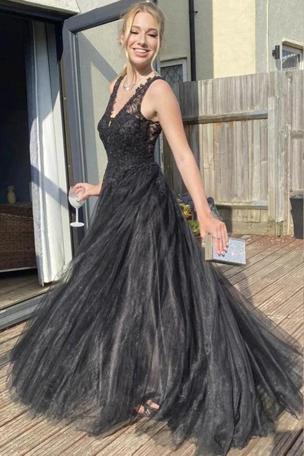 A Line V Neck Black Tulle Prom Dress Black Formal Dress PSK370 by pgmdress
