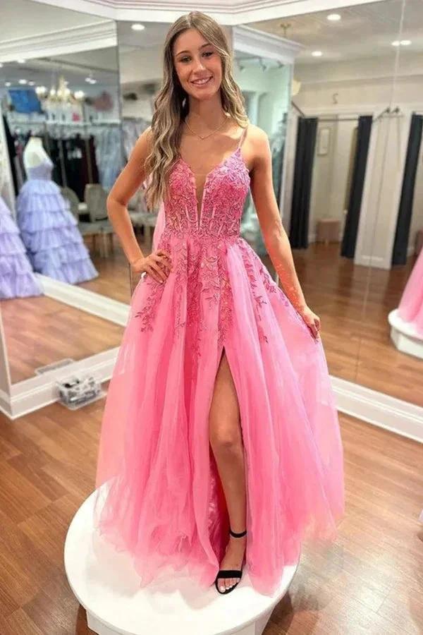 A Line V Neck Hot Pink Lace Long Prom Dresses with Slit PSK551 by pgmdress