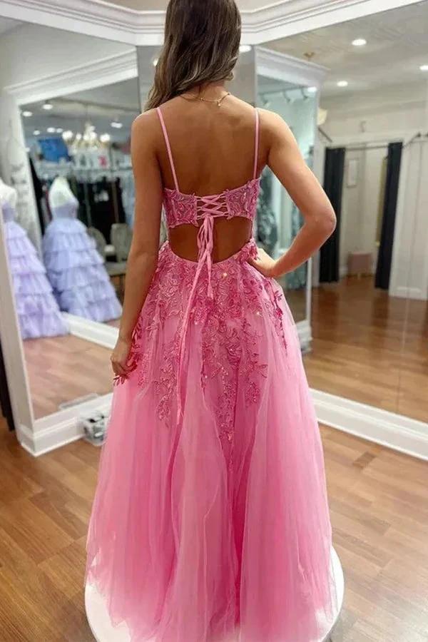 A Line V Neck Hot Pink Lace Long Prom Dresses with Slit PSK551 by pgmdress