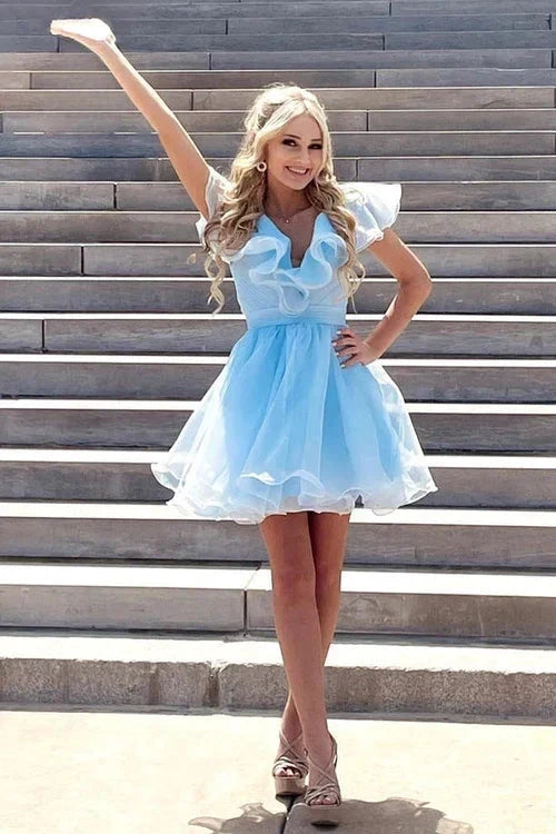 A Line V Neck Organza Ruffles Homecoming Dress SYH105 by vivymakudress