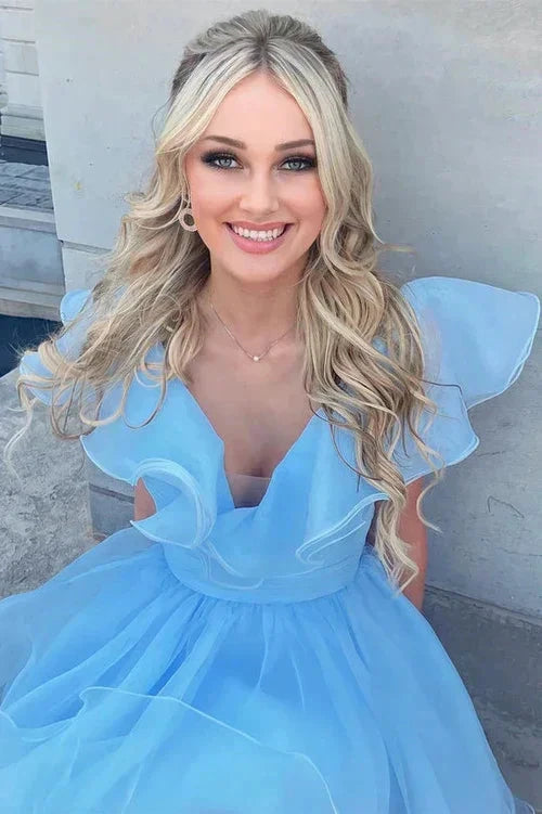 A Line V Neck Organza Ruffles Homecoming Dress SYH105 by vivymakudress