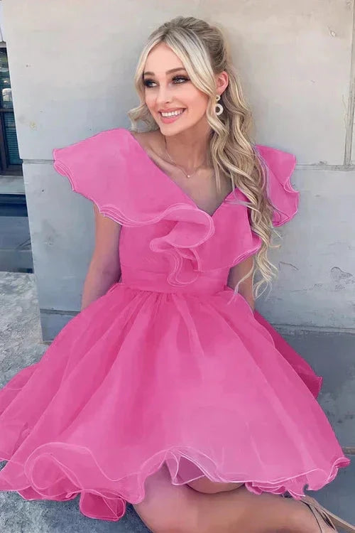 A Line V Neck Organza Ruffles Homecoming Dress SYH105 by vivymakudress