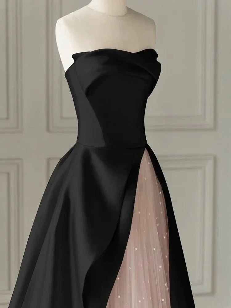 Black Strapless High-Slit Evening Dress With Gauze - Gothic Wedding Dress Y2386 by simplepromdress