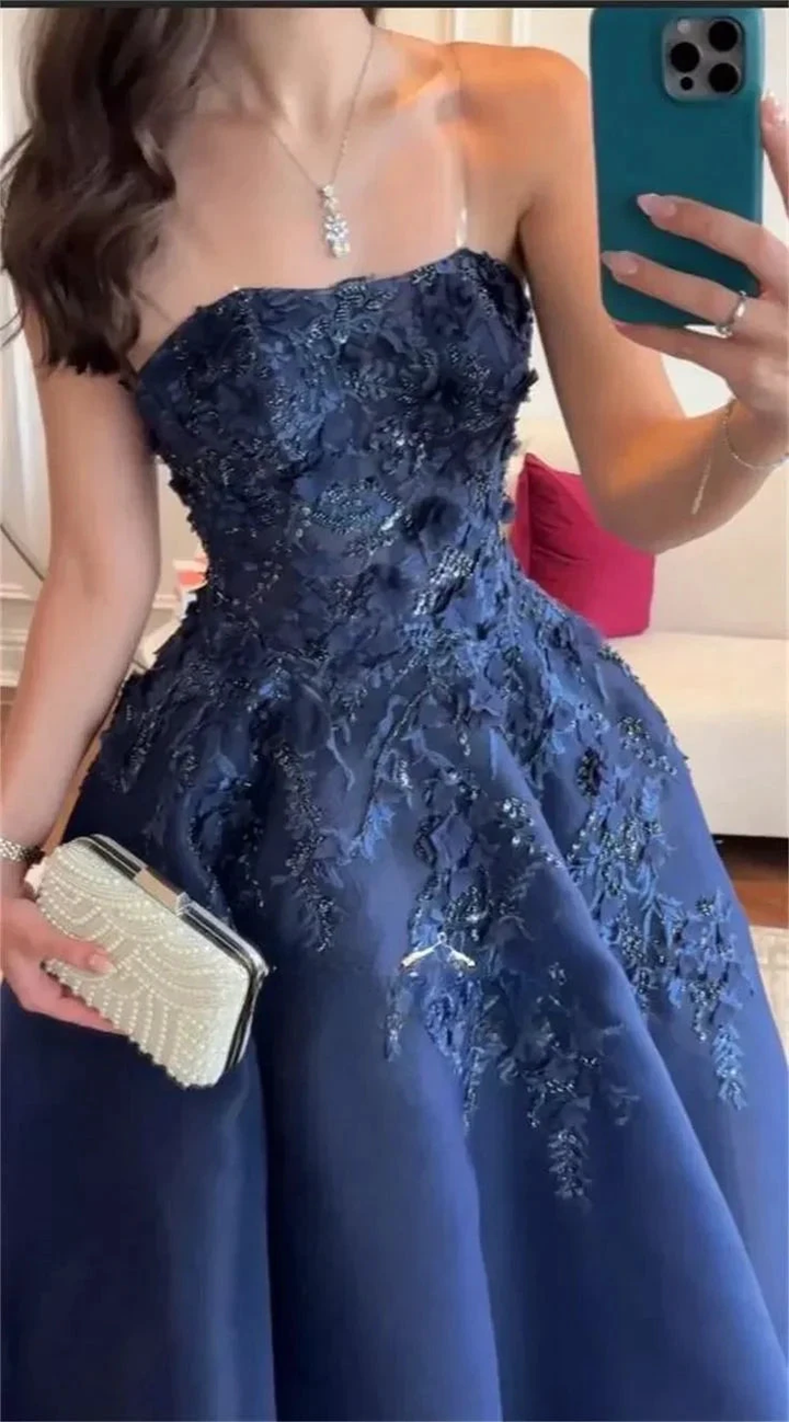 Gorgeous Navy Blue Strapless Appliques A Line Prom Dress Evening Dress Y8274 by simplepromdress