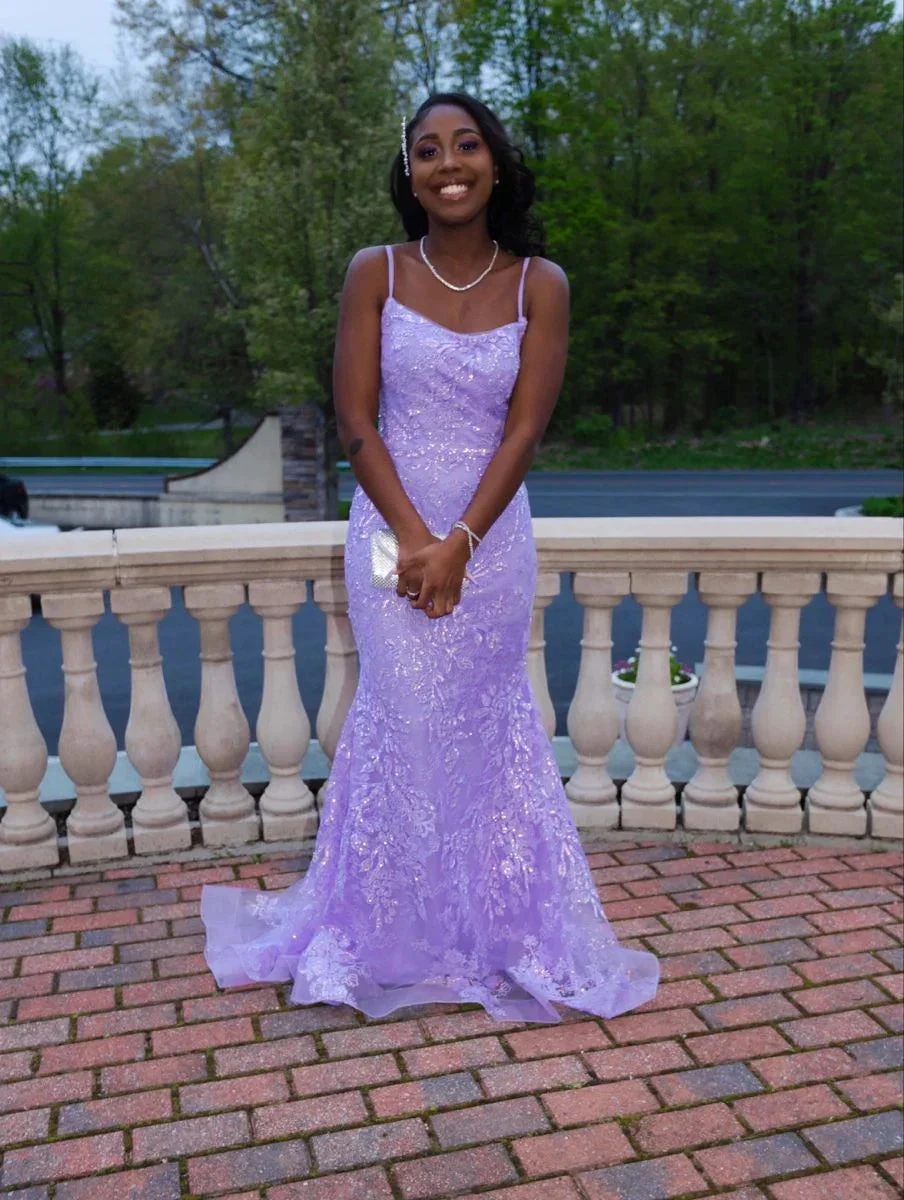 Smiling woman in a lilac sequin gown standing outdoors, ZAPDRESS formal dress style