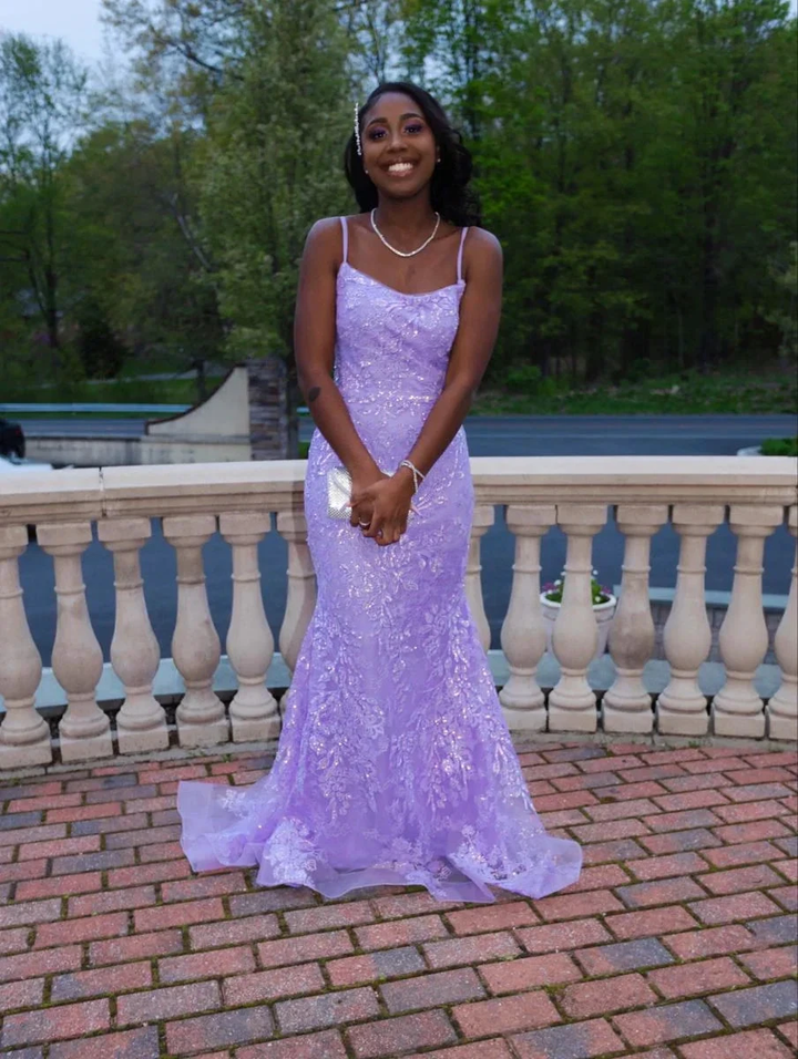 Woman in lilac sequin evening gown posing outdoors, ZAPDRESS formal dress collection