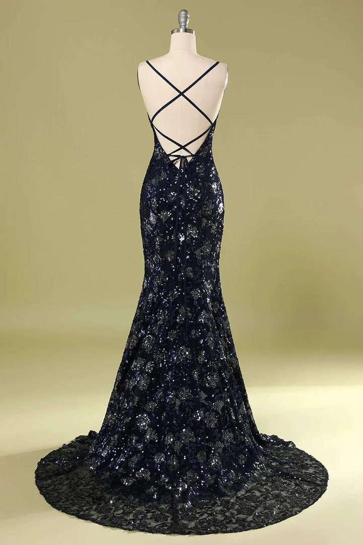 Navy Blue Evening Dress with Beading Sequins,Chic Prom Dress Y1832 by simplepromdress