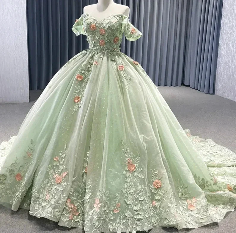 Matcha Green Off The Shoulder Floral Appliqués Shimmering Lace Up Back Quinceañera Pageant Special Occasion Gala Ball Gown Y2190 by simplepromdress