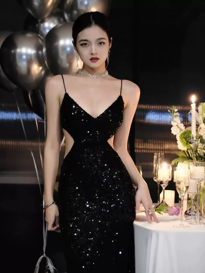 Black Sequins Sparkling Evening Dress Sexy Backless Evening Gown Y1124 by simplepromdress