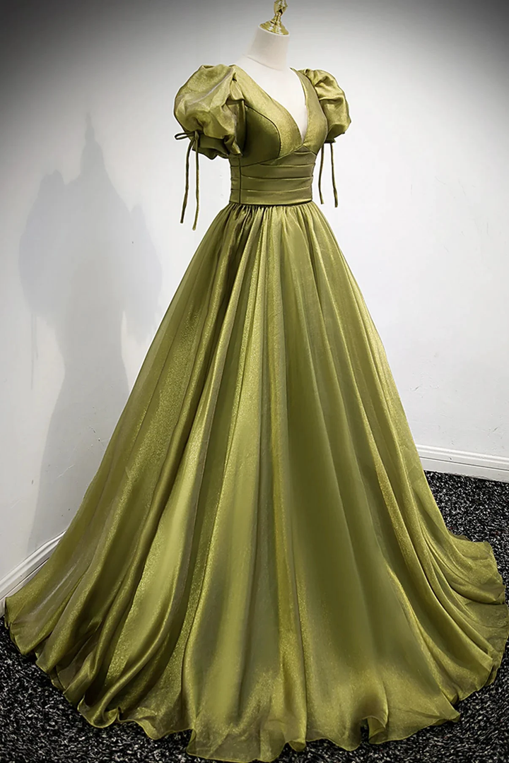 Green v neck tulle long prom dress A line evening dress Y898 by simplepromdress