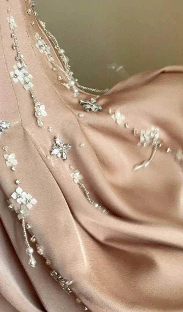 Luxury nude satin hand-beaded diamond homecoming dress Y4542 by simplepromdress