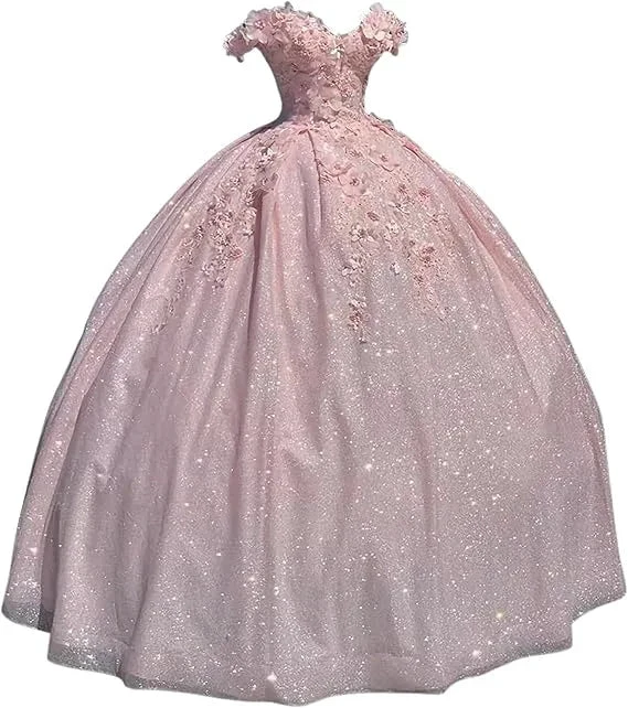 Off the shoulder blue ball gown , sparkly prom dress with flowers S26908 by simplepromdress