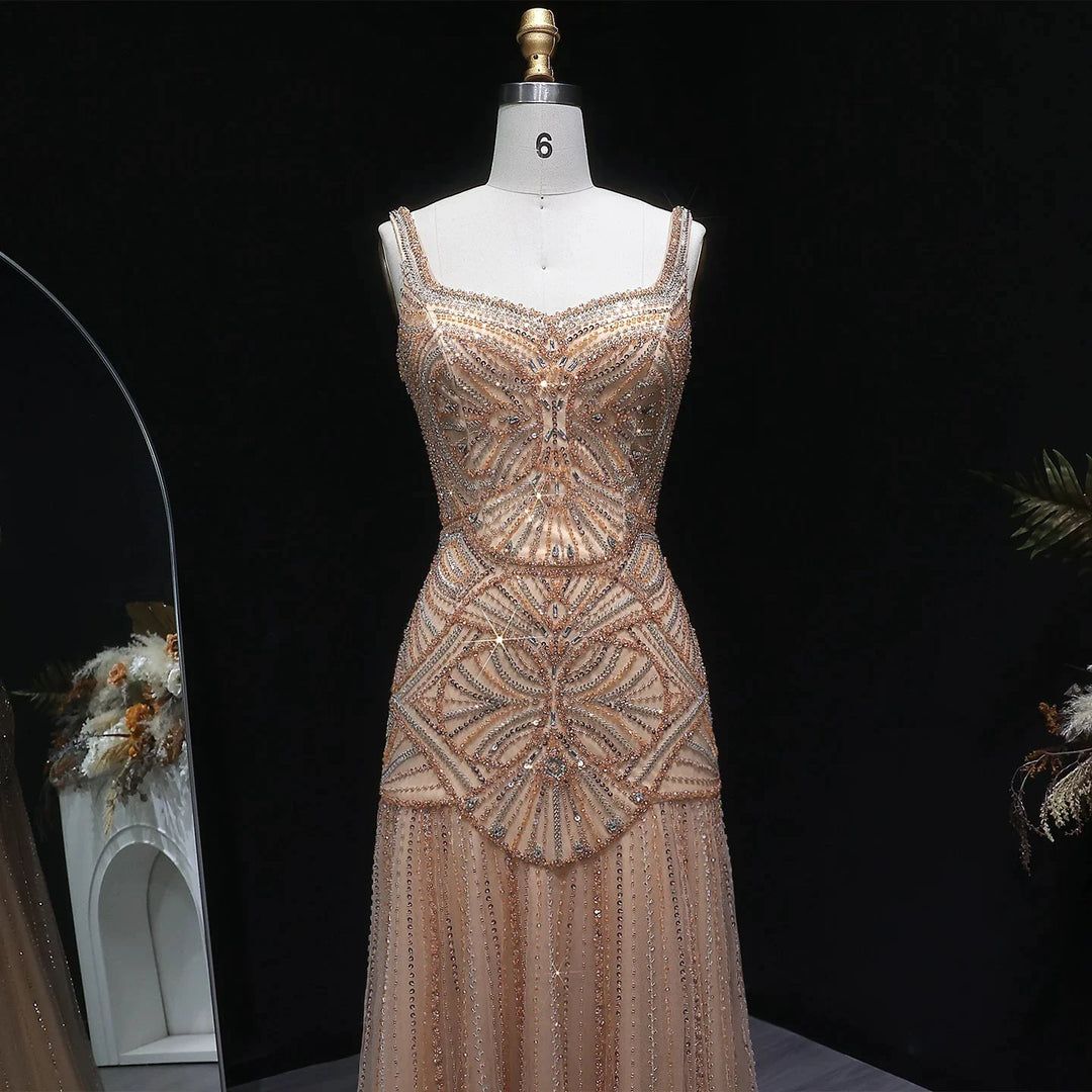Champagne Beaded Mermaid Evening Dress Luxury Saudi Wedding Gown Customized by ZAPDRESS