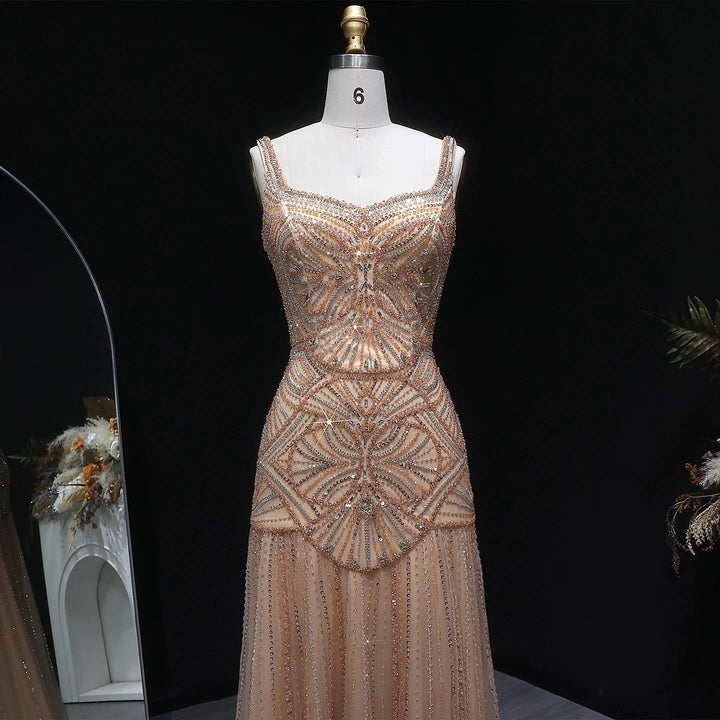 Champagne Beaded Mermaid Evening Dress Luxury Saudi Wedding Gown Customized by ZAPDRESS
