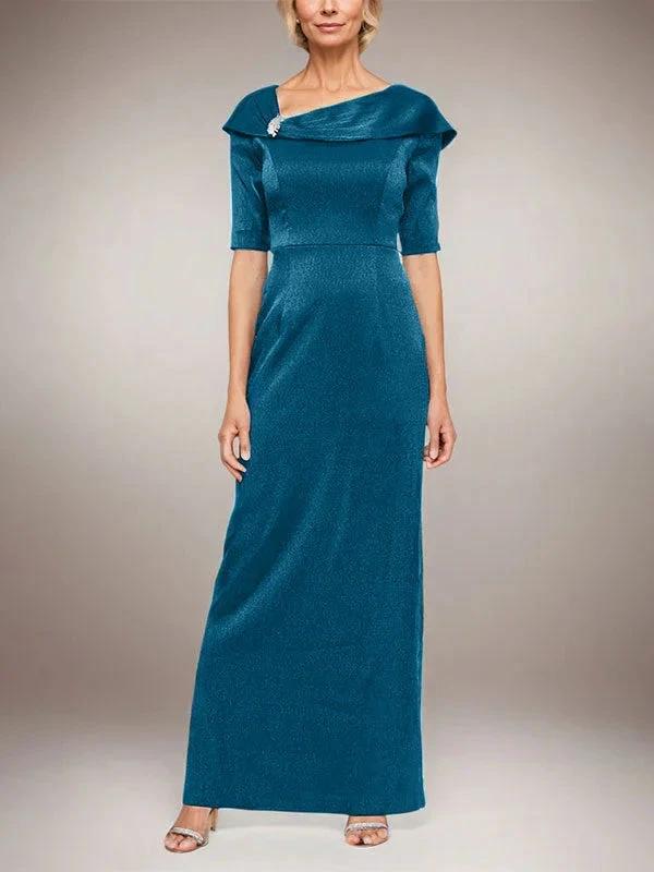 Long Shimmer Column Dress with Foldover Cuff L-Neckline and Elbow Sleeves by Dreamylily