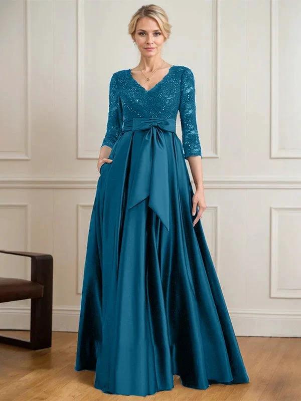 A-line V-Neck Floor-Length Satin Lace Mother of the Bride Dress With Sequins Bow by Dreamylily