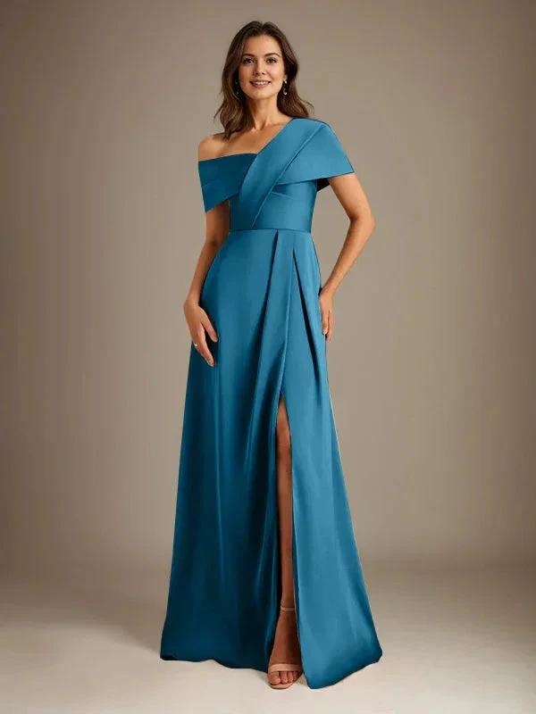 A-Line Asymmetrical Neckline Floor-Length Satin Mother of the Bride Dress With Pleated by Dreamylily