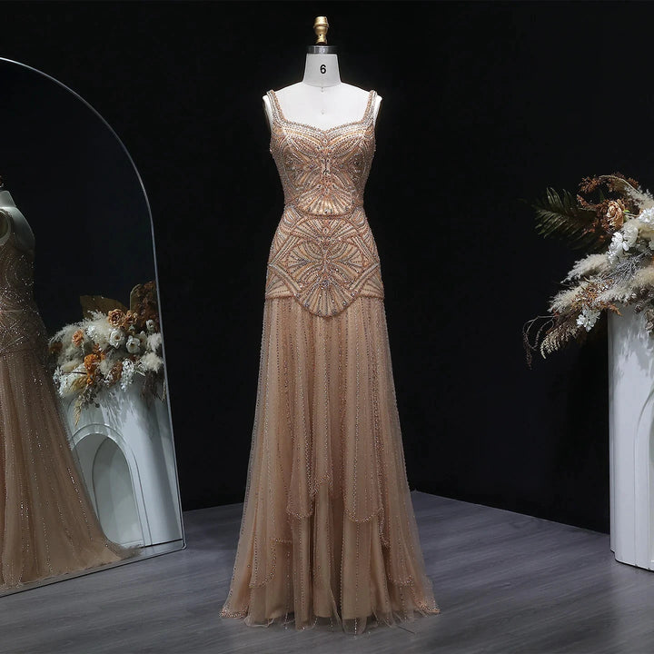 Champagne Beaded Mermaid Evening Dress Luxury Saudi Wedding Gown Customized by ZAPDRESS