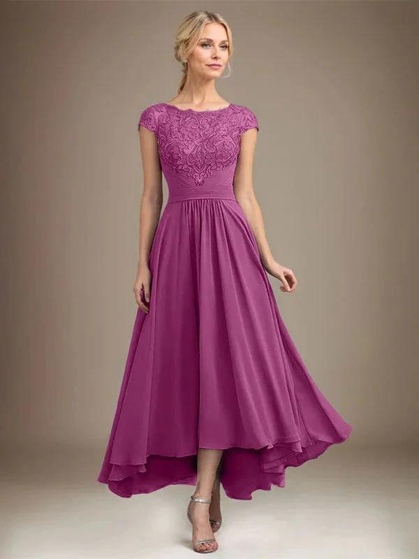 A-line Scoop Illusion Asymmetrical Lace Chiffon Mother of the Bride Dress With Pleated by Dreamylily